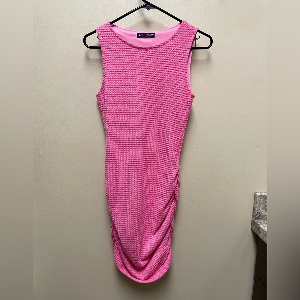 Sleeveless Pink Knit Ruched Midi Dress